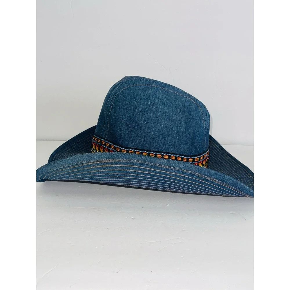 Vintage Resistol Stagecoach Blue Denim Western Cowboy Hat Aztec Band Size 7 3/8